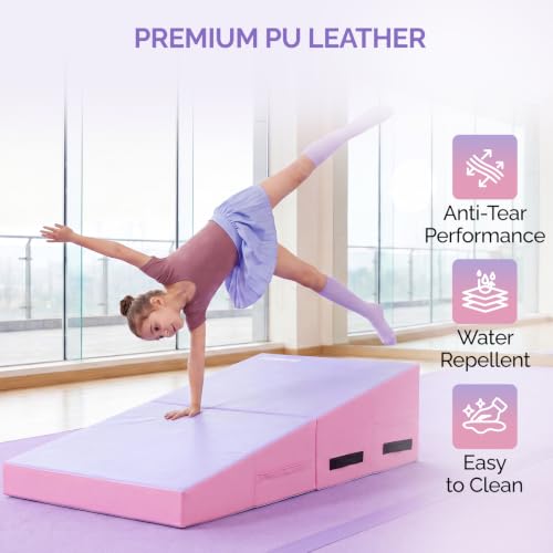 Matladin Folding Gymnastics Cheese Wedge Incline Mat, Gym Fitness Tumbling Skill Shape Mat for Kids Girls Home Training Exercise - color: Light Pink + Light Purple