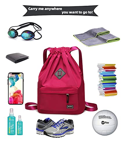 Peicees Waterproof Drawstring Sport Bag Lightweight Sackpack Backpack for Men and Women | Waterproof - color: Rose Red