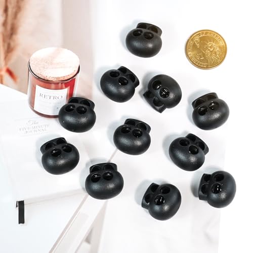 30 Pcs Black Plastic Spring Cord Lock Toggle Stopper, Double Hole Drawstring Cord Lock Fastener for Hoodies, Paracord, Shoelaces, Elastic Ropes and Bags
