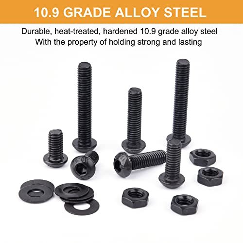 VIGRUE 225PCS M6 x 12/14/16/20/25/30mm Button Head Hex Socket Cap Screws Bolts Nuts Washer Assortment Kit, 10.9 Grade Alloy Steel Black Oxide, Fully Threaded - size: m6 button black 12-30mm