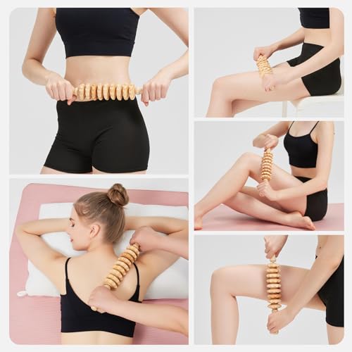 Wooden Cellulite Muscle Roller for Legs and Thighs - Handheld Fascia Blaster Tool for Muscle Relief, Lymphatic Drainage & Body Sculpting - Anti Cellulite Massager for Women and Men (9 Wheel) - color: White 9 Wheel