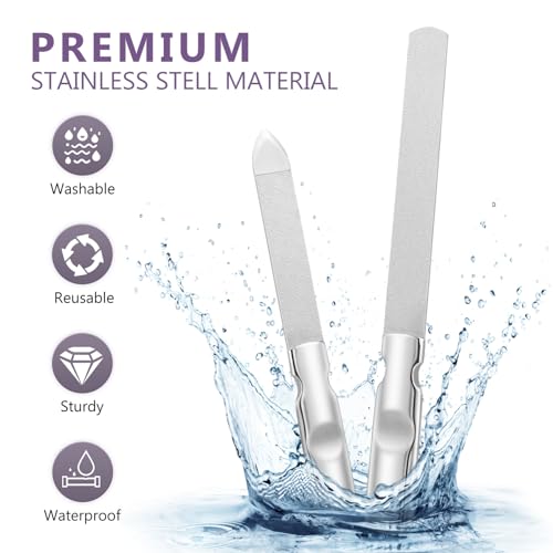 2 Pcs Metal Nail Files: Stainless Steel Fingernail with Anti-Slip Handle and Leather Case Double Sided - Reusable Nail File for Men and Women