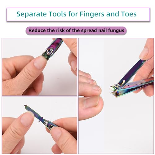 firiKer 2PCS Stainless Steel Nail Clippers,Rainbow Fingernail Clipper and Toenail Clipper, Wide Easy Press Lever Nail Cutter with Swing Out Nail Cleaner/File for Men and Women - color: Rainbow