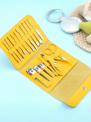 16-Piece Professional Manicure & Pedicure Kit - Comprehensive Nail Care Set with Stainless Steel Tools and Leather Case Yellow - color: Yellow