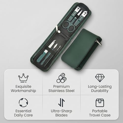 Manicure Kit for Women, 6Pcs Stainless Steel Nail Clippers Set Travel Nail Kit with Dark Green Zipper Case, Portable Manicure Set for Men and Women Personal Grooming and Home Care Daily Use