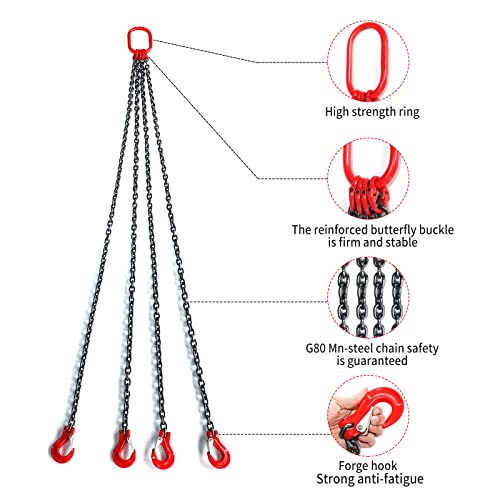Pindex 1/4 Inch X 5 Ft Chain Slings for Lifting, G80 Alloy Steel Lifting Sling Hoist 3 Ton with 4 Leg Grab Hooks, 5 Feet - size: 5Ft 3T G80 Alloy