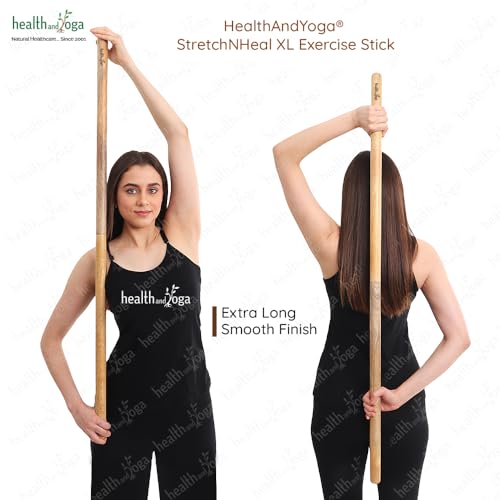 HealthAndYoga™ StretchNHeal Collapsible Multi-Use Wooden Yoga Stick - Regular and XL - Portable Posture Corrector Pole, Stretch Mobility Stick, Physical Workout Exercise Dowel - size: XL - 48" without Sleeve