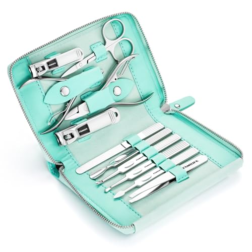 FAMILIFE Manicure Kit for Women, Professional Manicure Set Nail Clippers Set 11 in 1 Stainless Steel Pedicure Tools Nail Kit Men Grooming Tool with Portable Green Travel Case for Home, Travel - color: Green
