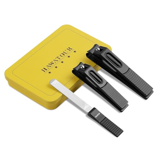 HAWATOUR Nail Clippers Set Zinc Alloy 420J2 Stainless Steel, Black | Ultra Sharp Curved Blade, Fingernail and Toenail Clipper, Visibly Tin Case, Cut-Out Design