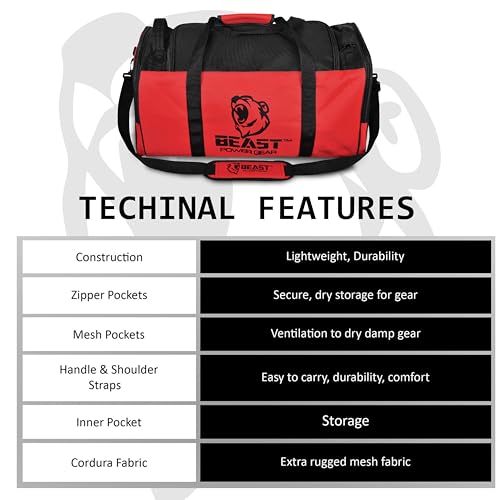 Beast Power Gear Gym Duffle Bag- Workout, Boxing, MMA, Sports Bag with Shoes Compartment and Adjustable Shoulder Strap for Men and Women (Red) - color: Red