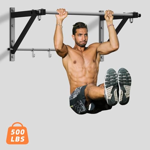 ZHNSDYN Wall Mounted Pull Up Bar with 500LBS Capacity for Gym Home | Adjustable Depth, 4 Hooks, Heavy Duty, Strength Training, Easy Install, Chin Up Bar for Doorway