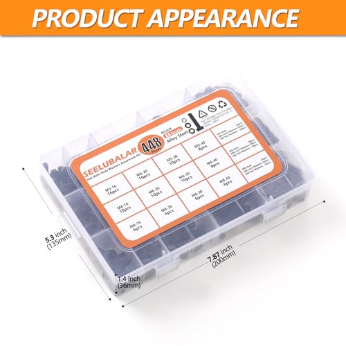 448 PCS Metric M5 M6 M8 Heavy Duty Hex Cap Bolts and Nuts Flat & Lock Washers Assortment Kit, 8.8 Grade Alloy Steel Black Metric Fully Thread Hexagon Allen Machine Bolt, 12 Most Common Sizes - style: Hex Head Cap - Kits