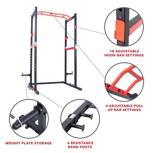 Sunny Health & Fitness Power Zone Strength Rack Power Cage - 1000 LB Weight Capacity, Spotter Bar, Angled Pull-Up Bar, J-Hooks, Resistance Band Pins, Optional LAT Pull Down - style: Power Cage