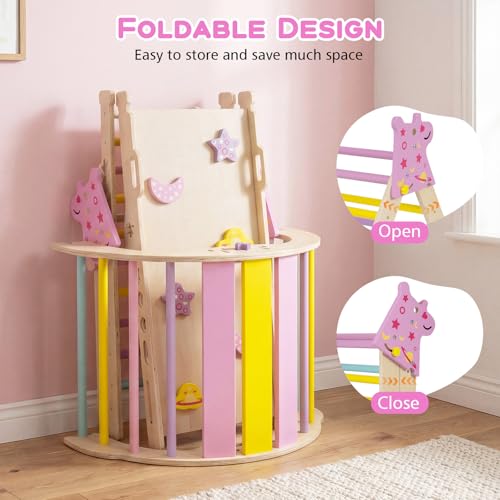 HONEY JOY Pikler Triangle Set, 9 in 1 Foldable Wooden Triangle Climber w/Arch, Ramp, Climbing Rope & Ladder, Baby Indoor Playground Jungle Gym, Montessori Climbing Toy for Toddlers (Purple) - color: Purple