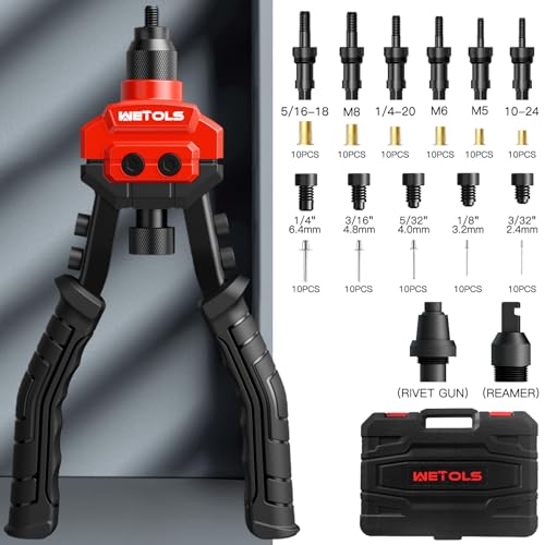 WETOLS 3 in 1 Rivet Nut Tool, Rivet Gun, Reamer Set, Professional Rivet Gun Kit with 5 Rivet Heads and 6 Metric & SAE Mandrels, Hand Riveter Tool with 50 Rivets and 60 Rivet Nuts, Sturdy Case, WE-890 - size: 3 in 1 rivet nut tool