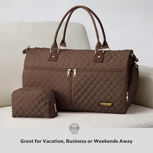 STOVER Women’s Convertible Garment Duffel Bag for Travel – 2-in-1 Carry-On Weekender/Overnight Tote - Wrinkle-Free Dresses, Suits & Clothes + Shoe Compartment & Bonus Toiletry Bag (Mocha Brown) - color: Mocha Brown