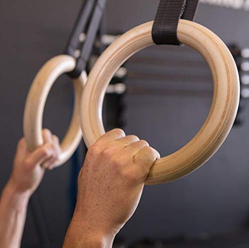 SMAI Wooden Gymnastics Rings with Adjustable Carabiner Clips - Full Body Workout Rings for Bodyweight Training, and Fitness - Gym Rings for Strength and Stability.