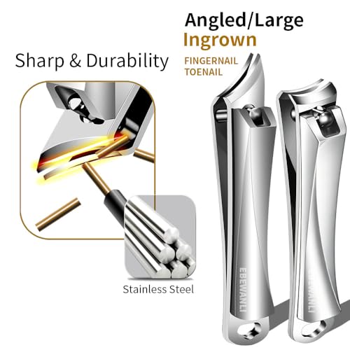 EBEWANLI Nail Clipper Set, Slanted Angled Ingrown Toenail Clipper and Curved Nail Clipper Cutters, 2Pcs Stainless Steel Finger Nail Clippers Adult - color: Silver-set
