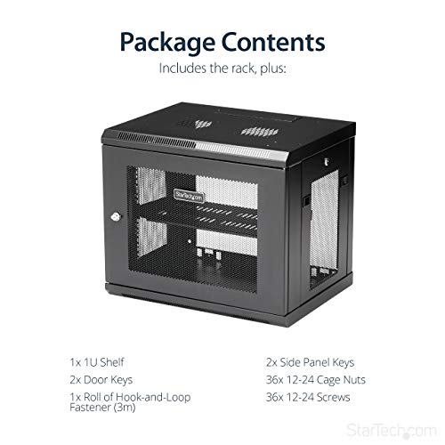 StarTech 9U Wall-Mount Cabinet, 19in, 2-Post, 15in Deep, 198lb (RK9WALM) | Enclosed locking server rack kit for IT data equipment, Max depth 15in, SPCC steel, Includes 1U shelf, Assembled - size: 9U, style: fixed 15" depth