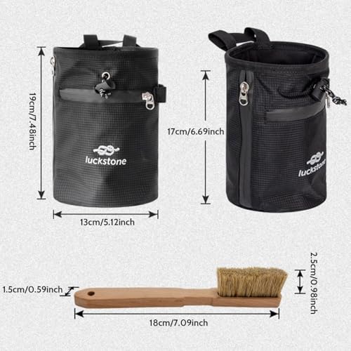 Climbing Chalk Bag 5x7.5 Fleece-Lined Waterproof 420D Oxford Chalk Bag with 24-43" Waist Drawstring Brush & Zipper Pockets for Men Women