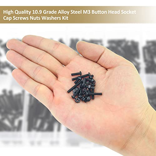 562 Pieces Black M3 x 5/6 /8/10 /12/16 /20mm Button Head Socket Cap Screws Nuts Washers Assortment Kit, 10.9 Grade Alloy Steel - size: M3, style: Button Head