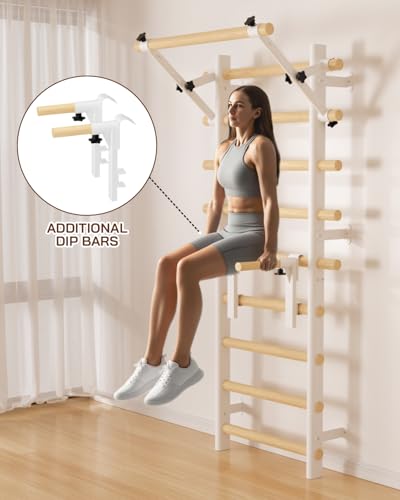 Swedish Ladder Wall Gym, Wooden Wall-Mounted Stall Bars with Pull-up Bar & Exercise Straps & Dip Bars, Stretching Ladder Full Body Home Gym Adults New - color: White