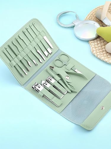16-Piece Professional Manicure & Pedicure Kit - Comprehensive Nail Care Set with Stainless Steel Tools and Leather Case Green - color: Green