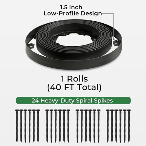 Gardzen 1.5" x40' Landscape Edging Kit with 40 Spikes | Garden Edging Coil for Lawn Borders and Landscape Projects, Easy No Dig Installation with Durable Ground Stakes Included - size: 40ft