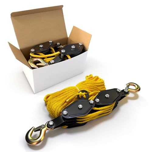 YATOINTO Rope Hoist Pulley System, 4400LB Pulley Block and Tackle, 8:1 Ratio Lifting Power 65ft, Heavy Duty Pulley Block for Hunting Lifting Heavy Objects Garage Warehouses Building (Yellow) - color: Yellow(Powder Coating)