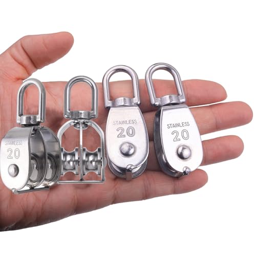 20 Pack M20 Pulley Block, 10 Pcs Single Pulley & 10 Pcs Double Pulley | 304 Stainless Steel Wire Rope Lifting Swivel Hook - style: 10 Pack Single & 10 Pack Double