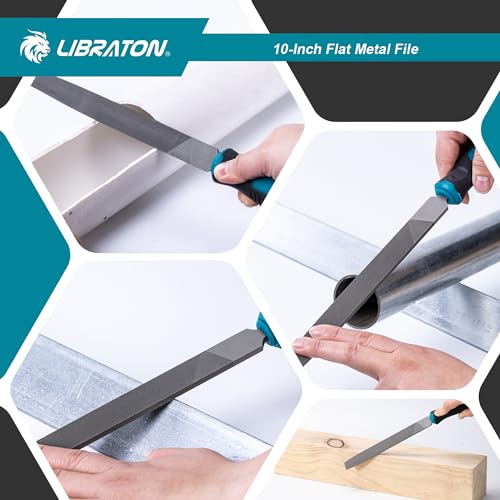 LIBRATON 10-Inch Flat Metal File, Metal File Tool, High Carbon Steel File | with Ergonomic Handle, Hand File for Metal, Metalworking, Wood, Plastic, Flat File for Refining, Shaping and Scraping