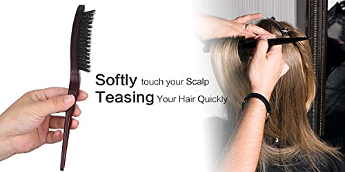 PERFEHAIR 100% Pure Boar Bristle Teasing Hair Brush with Wooden Handle, 3 Row Slim Backcombing Brush, 8.8 inch