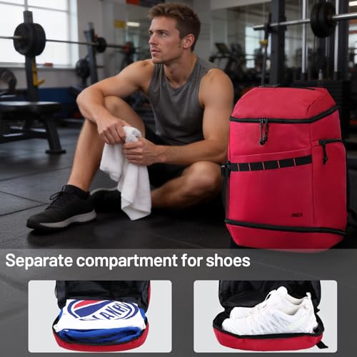 MIER Men's Gym Backpack Lightweight Sports Bag with Shoe Compartment | 35L Capacity Back Pack, Multi-Pockets, Separate Compartment, Wet Pocket, Water Resistant, For Training, Workout & Travel - color: Red