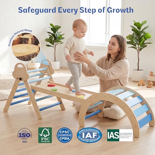 bbgroundgrm 8-in-1 Wooden Climbing Set for Toddlers with Cushion, Foldable Montessori Indoor Climber with Arch, Ramp and Triangle Ladder, Natural Wood Play Gym for Kids 1-3