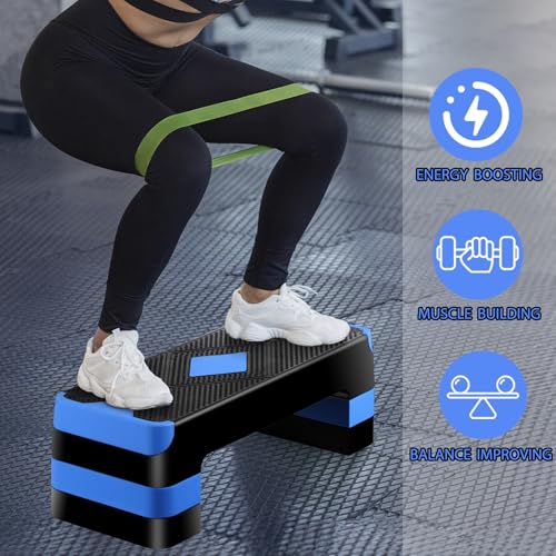 HomGarden Adjustable Workout Aerobic Stepper in Fitness & Exercise Step Platform Trainer Stepper w/Risers Adjust 4"-6''-8'' - color: Blue