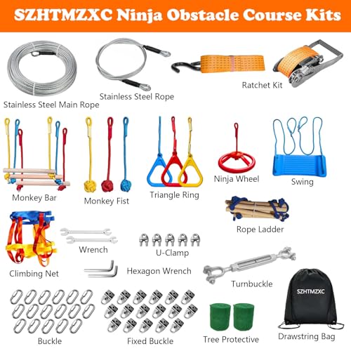 65FT Ninja Warrior Obstacle Course for Kids Backyard Outdoor | Stainless Steel Main Cable, Waterproof 13 Pcs Children Toy Training Accessories, Climbing Net, Swing, Ladder, CPSC Approval - size: 65FT 13Pcs Ratchet