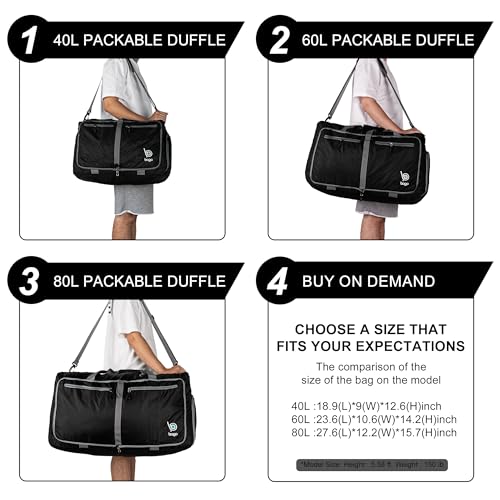 Bago 80L Travel Duffle Bag - Foldable Weekender Bag For Women & Men - Lightweight tier-resistant waterproof Shoe Pocket (Black) - color: Black, size: 80L