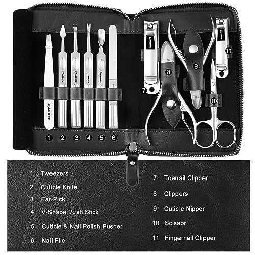 Manicure Kit, FAMILIFE Professional Manicure Set Nail Kit, 11 in 1 Stainless Steel Nail Clippers Set, with Portable Black Leather Travel Case Luxury Gifts for Him - color: Black