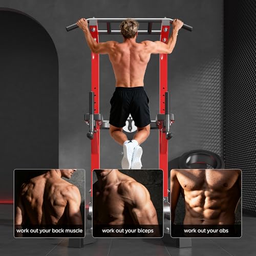 DlandHome Power Tower Pull Up Bar Station, Heavy Duty Adjustable Height for Home Gym Strength Training Equipment 330LBS Weight Capacity, Pull Up Dip Station - color: Red