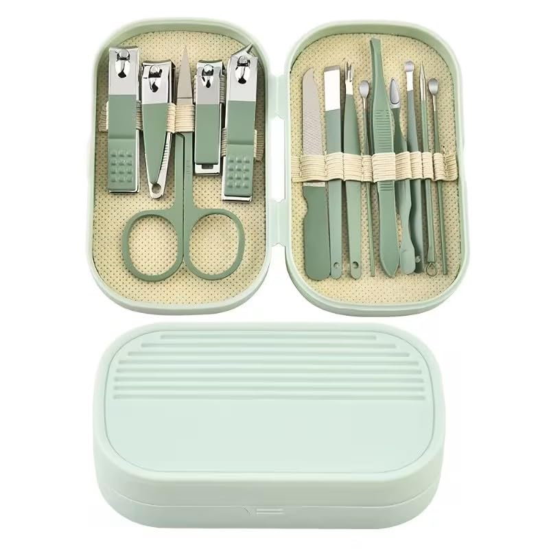 A set of 14-piece stainless steel nail and foot care tools, including a portable storage box (green) - color: green