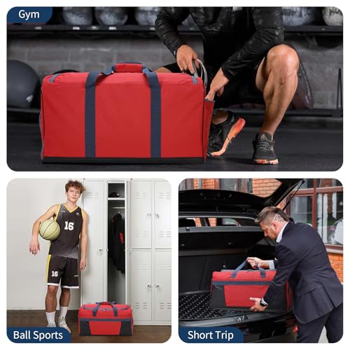 65L Gym Bag for Men, Wet Pocket, Shoe Compartment, 24 inch, Red | 8 Compartments / Pockets, Spacious, Large Sports Duffle Bag for Weekend Travel - color: Red