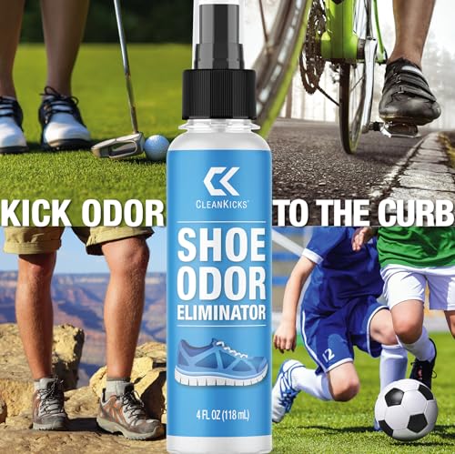 CleanKicks Shoe Cleaning Kit - Footwear Cleaner for Sneakers, Boots, Cleats, and Many Other Shoe Types - (4 Ounce Bottle and Brush). Packaging May Vary Between Green and Blue.