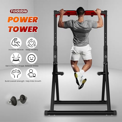 WATBKHE Power Tower Pull Up Dip Station Foldable, Pull Up Bar Station Adjustable, Multi-Function Home Gym, Strength Training Fitness Equipment, Triangular Design, for Home Outdoor - color: Black, Red-Multifunction Bar