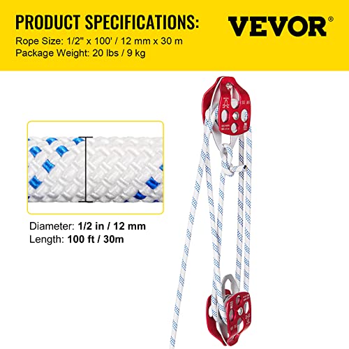 VEVOR Twin Sheave Block and Tackle 1/2 in x 100 ft Twin Sheave Block with Braid Rope 30-35 KN 6600-7705 lbs Double Pulley Rigging - size: 1/2" x 100