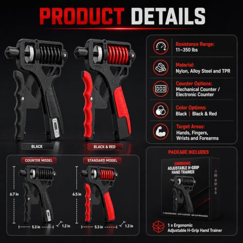 Ergonomic Adjustable H-Grip Hand Trainer with Counter | 11–350lb Hand Gripper with Alloy Frame, Titanium-Plated Spring and TPR Non-Slip Handles for Finger, Wrist & Forearm Training - color: Black
