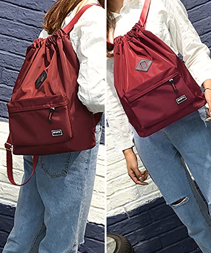 Peicees Waterproof Drawstring Sport Bag Lightweight Sackpack Backpack for Men and Women | Waterproof - color: Wine Red