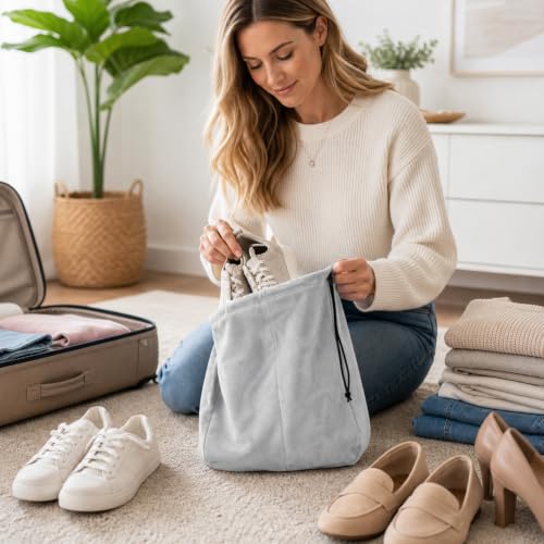 6 Pcs Shoe Bags for Travel Packing, Large Dustproof Shoe Covers With Interior Divider Drawstring for Handbags Sneaker, Washable Soft Flannel Storage Pouch for Traveling Suitcase Gym Closet Organizer