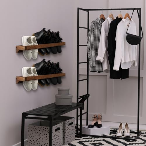 4 Pcs Wall Mounted Wooden Shoe Rack 30 Inch Rustic Wood Wall Hanging Shoe Rack Space Saving Footwear Holder Shoes Storage Organizer for Mudroom, Entryway, Closet (Burnt Wood) - color: Burnt Wood