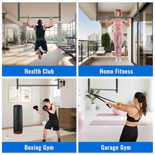 48" Ceiling Mount Pull Up Bar, Adjustable Height, 700LBS Capacity | Includes suspension trainer straps.For home gym,garage,basement.Ideal for pull ups & full body stretching.