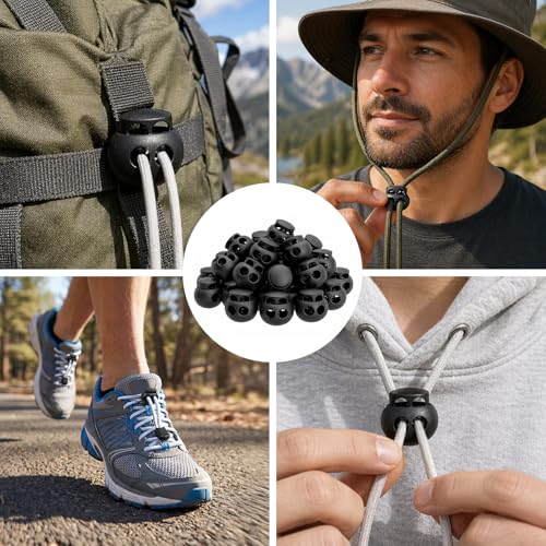 30 PCS Black Plastic Spring Cord Lock Toggle, Double Hole Drawstring Cord Lock Stopper Fastener Slider for Paracord, Shoelace Lock, Elastic Rope, Lanyard, Hoodies and Bags
